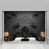 Aperturee Aperturee Spooky Spiderweb Headboard Photography Backdrop Black Wicker Bed and Jack O’ Lanterns Halloween Photo Prop